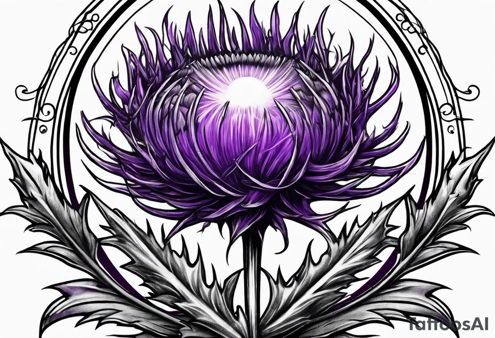 Single purple thistle with Neptune planet in the background tattoo idea
