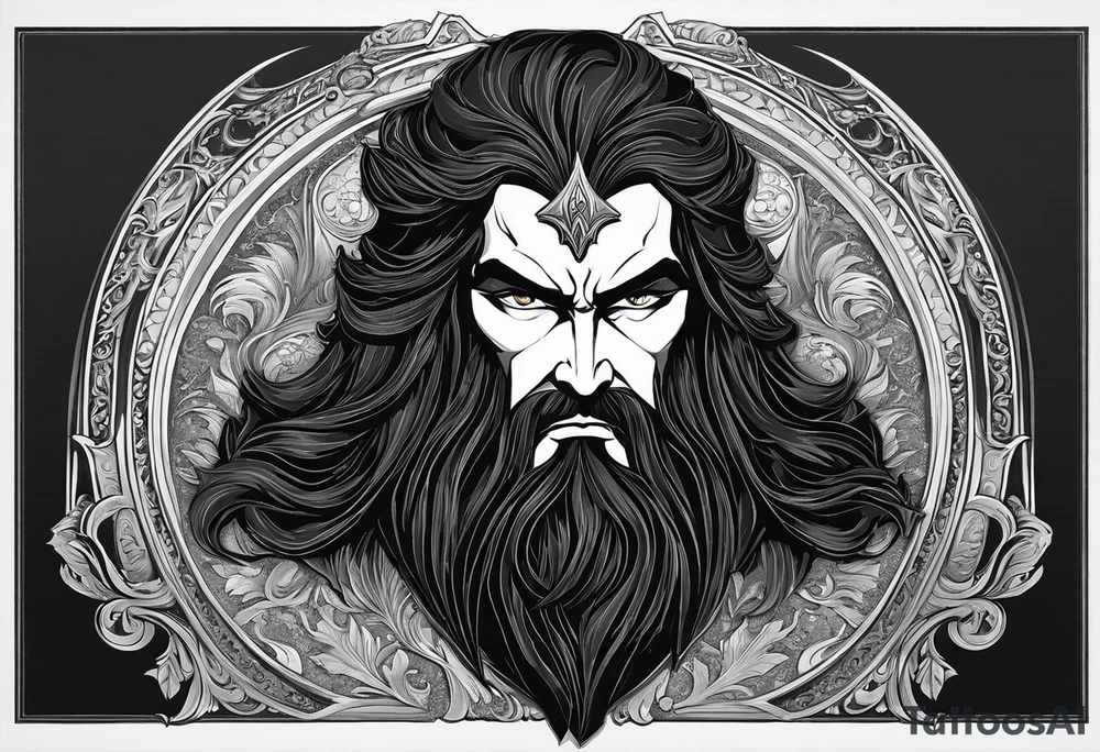 Hadès is depicted with a commanding presence, his features carefully detailed to reflect his dark and enigmatic nature. His face is stern, with deep-set eyes that exude an aura of authority and mystery. His dark, shoulder-length hair and beard are rendered with meticulous shading, adding texture and depth.

He wears a regal but somber cloak, which is intricately detailed with realistic folds and shadows, emphasizing his status as the ruler of the underworld. In one hand, he holds a bident, a two-pronged staff symbolizing his power over the dead. The bident is rendered with fine detail, including ornate designs along its handle.

The background is kept minimalistic to ensure the focus remains on Hadès himself. The tattoo highlights realistic textures and shadows, bringing out the god’s formidable and brooding presence. The overall effect captures the essence of Hadès as a powerful and revered deity of the Greek pantheon. tattoo idea