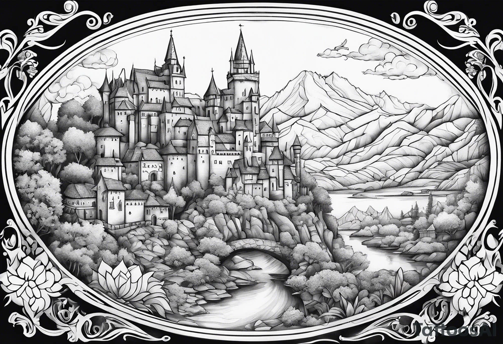 medieval tribal city 
floral  land sky vignette tattoo idea