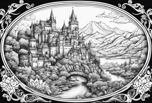 medieval tribal city 
floral  land sky vignette tattoo idea