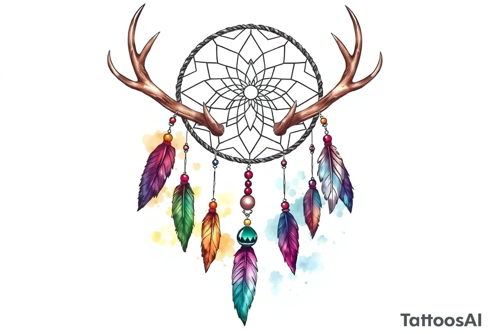 Dreamcatcher made from deer antlers with feathers and beads hanging off it tattoo idea