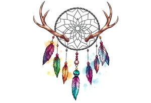 Dreamcatcher made from deer antlers with feathers and beads hanging off it tattoo idea