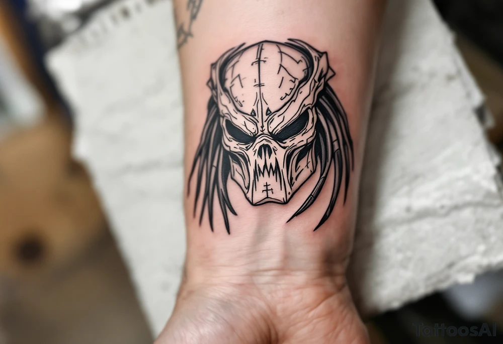 Titan Predator – A genetically superior, prehistoric Yautja, standing 14 feet tall, with thick, rock-like hide, primitive, rune-covered weapons, and a bio-mask carved from the skull of an ancient beast. tattoo idea