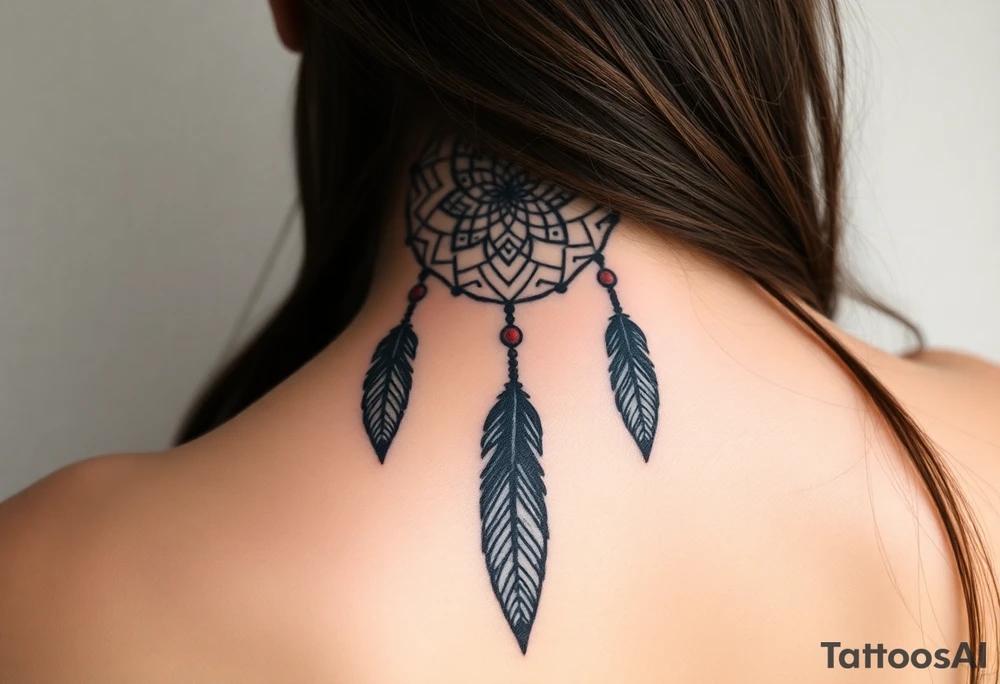 native dreamcatcher with flowing lines made of a discreet connection of morse code ".--- .- --.     .-.. ... -.- .- .-.   -.. .. --.     .-.. .. .-.. .-.. . -... .-. --- .-. connected to flowing feathers tattoo idea