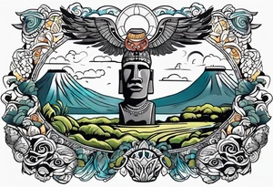 Upper arm piece of Easter island heads on an island landscape and hawk circling above tattoo idea