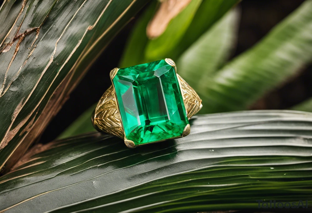 Tattoo: A striking Gachala emerald sits at the base of a tall quindio wax palm, which grows resiliently from cracks in rugged, rocky soil. The emerald is the main focal point, symbolizing strength and endurance, while the wax palm, rooted in the soil’s crevices, represents growth and resilience. A small water stream flows gently from the rocks, adding an element of life and nourishment. Style: Surrealism. tattoo idea