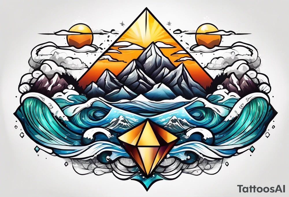 Mountains and big ocean waves  crashing diamond shape half and half tattoo idea