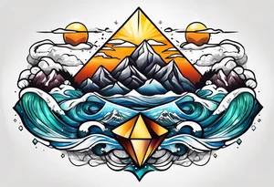 Mountains and big ocean waves  crashing diamond shape half and half tattoo idea
