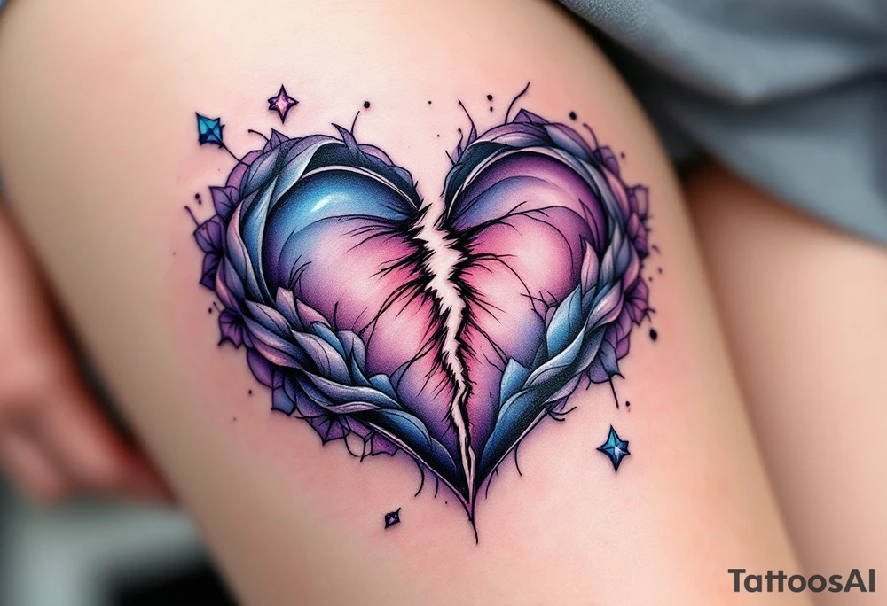 A heart being torn apart colored in deep purples and blues, symbolizing heartbreak and struggle. tattoo idea