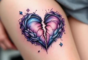 A heart being torn apart colored in deep purples and blues, symbolizing heartbreak and struggle. tattoo idea