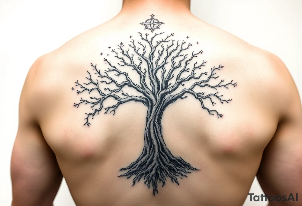 mystical tree of life with cosmic roots and celestial branches tattoo idea