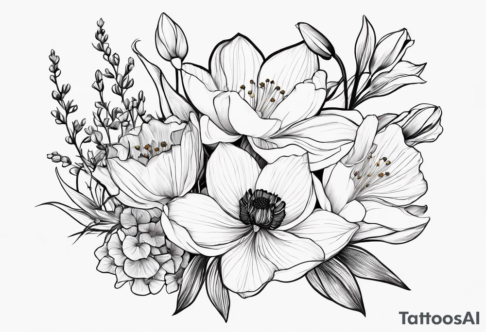 A minimalist line work bouquet of flowers with a water lily, gladiolus, poppy, lily of the valley, daffodil, and a honey suckle. With long stems and tied with a bow tattoo idea