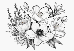 A minimalist line work bouquet of flowers with a water lily, gladiolus, poppy, lily of the valley, daffodil, and a honey suckle. With long stems and tied with a bow tattoo idea