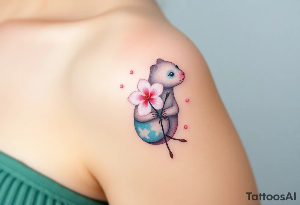 A soft watercolor-style mole holding a delicate pink cherry blossom, with gentle pastel tones and a dreamy aesthetic tattoo idea