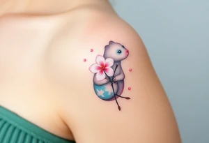 A soft watercolor-style mole holding a delicate pink cherry blossom, with gentle pastel tones and a dreamy aesthetic tattoo idea