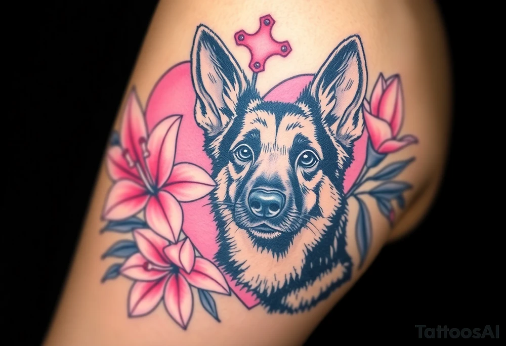 short haired german shepherd with alert ears surrounded by pink lilies with large leaves in front of a sacred heart tattoo idea