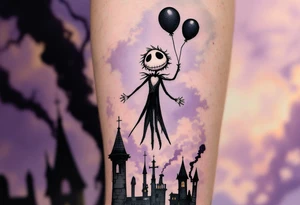 Tim Burton’s pale-faced child floats with black balloons above crooked chimneys under a smoky lavender sky. tattoo idea