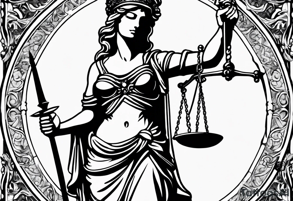 Lady justice with blindfolded eyes, holding a sword in the one hand and a libra in the other tattoo idea