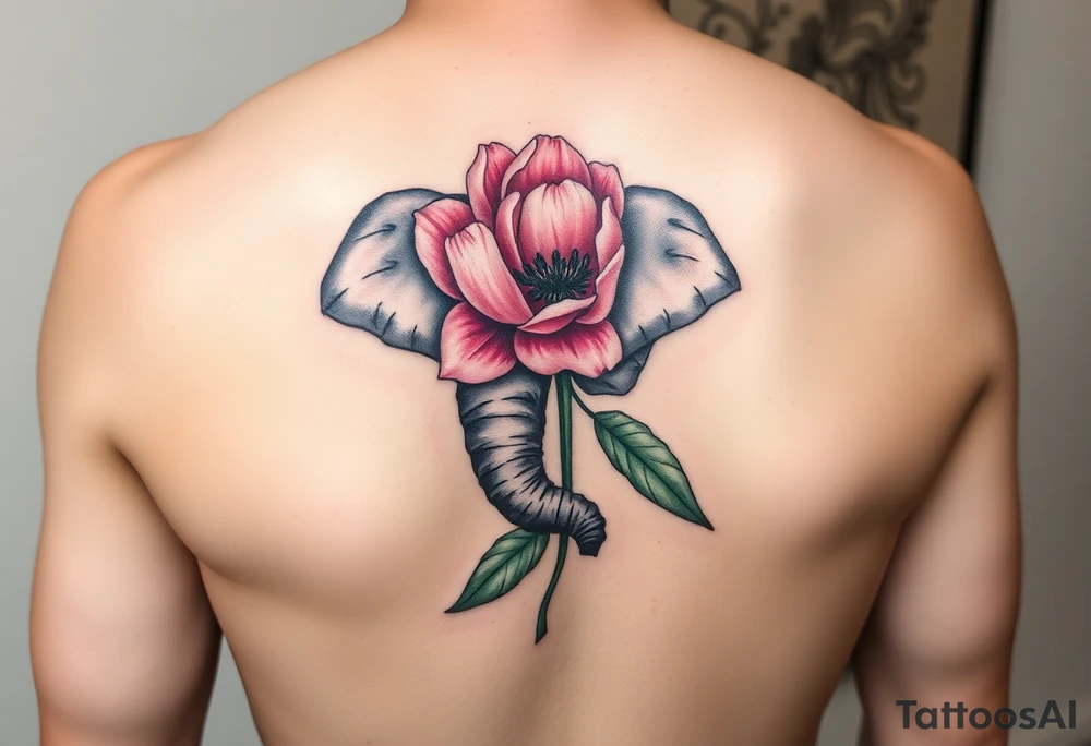 elephant holding pink peony tattoo idea