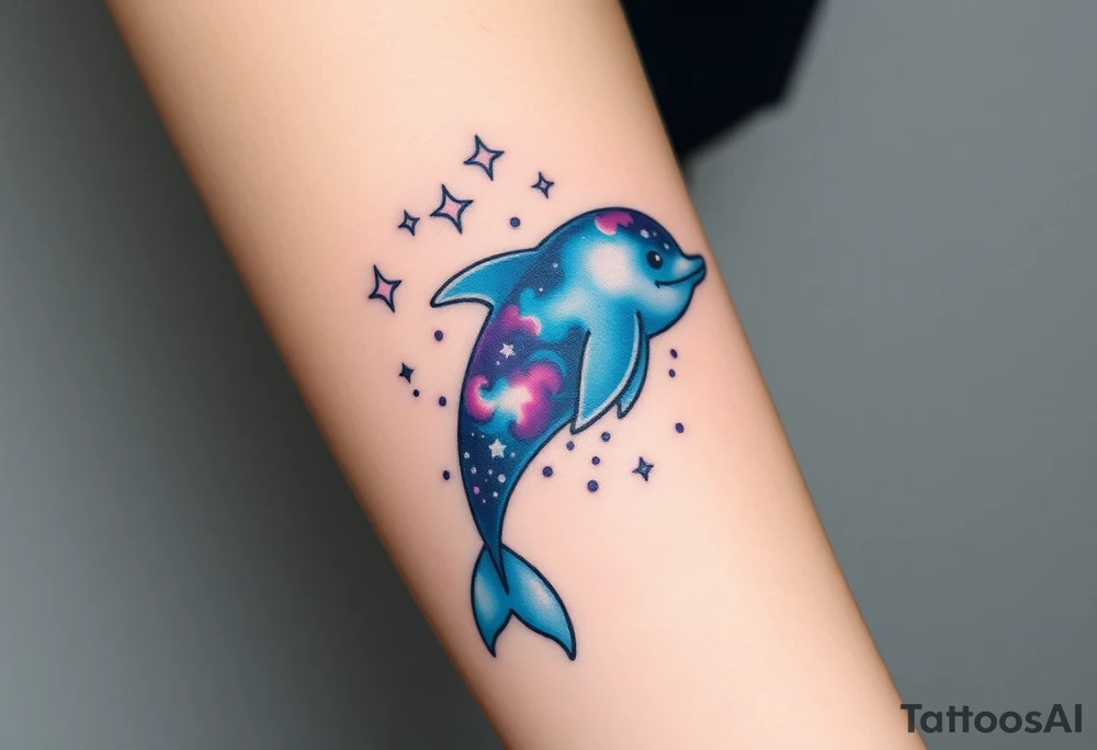 A celestial dolphin with a translucent body, filled with stars and nebula clouds in hues of midnight blue and magenta tattoo idea