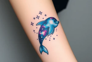 A celestial dolphin with a translucent body, filled with stars and nebula clouds in hues of midnight blue and magenta tattoo idea