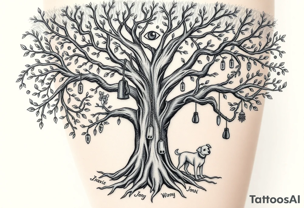 Hippy beech tree full of life.  PRETTY
Jamie, Derek, Iris, John, bill, Winnie names in the roots, Mavis, Garhi, Mickey, Pam, Lucy, in the branches at the top. Names can be in Hebrew. 
Three dogs a Rhodesian Ridgeback, King Charles cavalier and chihuahua. 
Prett, feminine ornate. Boxing gloves hanging from tree maybe with an all seeing eye overseeing it all. Must be feminine and pretty tattoo idea