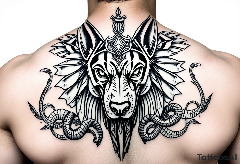 Egyptian Anubis god face muscle in Egypt style dog face surrounded Egyptian symbols and snakes full back tattoo idea