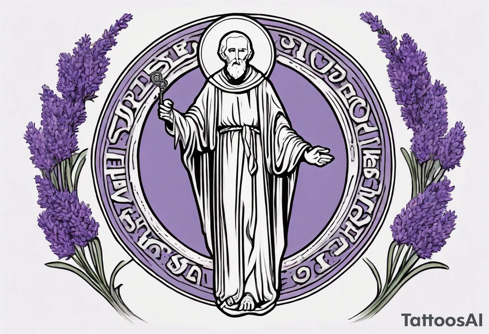 I'm looking for a custom tattoo design featuring a faithful and precise representation of the Saint Benedict medal, surrounded by delicately intertwined lavender flowers to create a harmonious and aesthetically pleasing composition. The focus should be on maintaining the authenticity of the Saint Benedict medal while incorporating the serene beauty of lavender blooms around it. The design should strike a balance that captures the symbolic essence of the medal within a visually appealing tattoo. tattoo idea