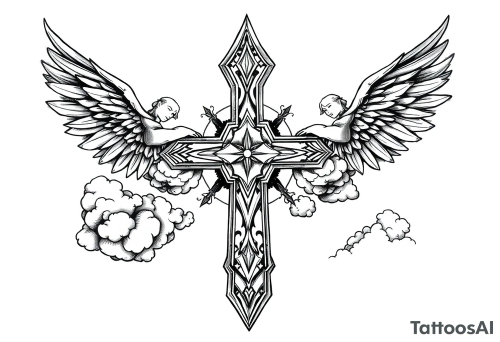cast all your anxiety on him because he cares for you" with angels and clouds,cross tattoo idea