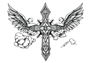 cast all your anxiety on him because he cares for you" with angels and clouds,cross tattoo idea