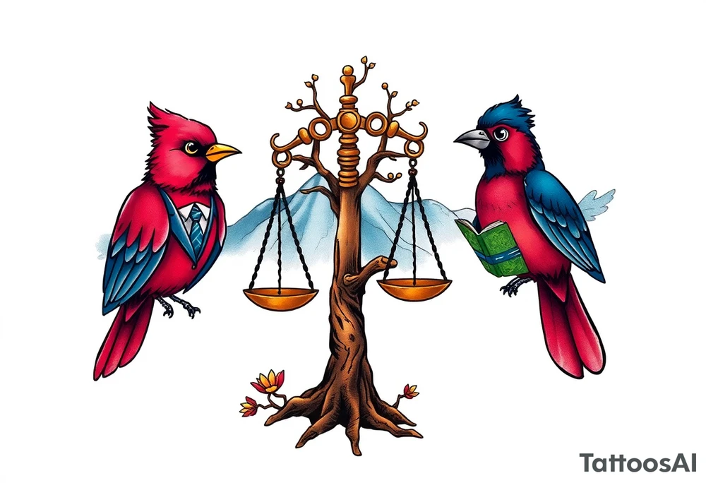 one of the birds red wearing a suit, other bird navy blue with glasses or holding a book, scales of justice built into a tree, starry night painting and mountain background tattoo idea
