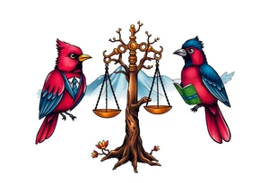 one of the birds red wearing a suit, other bird navy blue with glasses or holding a book, scales of justice built into a tree, starry night painting and mountain background tattoo idea