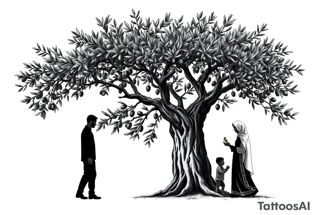 A highly detailed tattoo design featuring an olive tree with sprawling branches and textured bark. Underneath the tree, a father, a mother wearing a hijab, and their young son, all interacting with the tree as if harvesting olives. The figures are fully blacked-out silhouettes, emphasizing simplicity and elegance, while the olive tree is intricately detailed with realistic leaves and a textured trunk. The composition conveys a sense of connection, unity, and tradition, with a soft gradient background to highlight the figures and tree tattoo idea