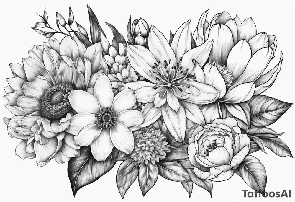 Bouquet with one Lily one sunflower one peony one cherry blossom and one tulip tattoo idea
