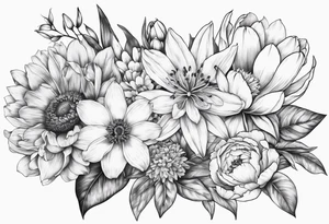 Bouquet with one Lily one sunflower one peony one cherry blossom and one tulip tattoo idea