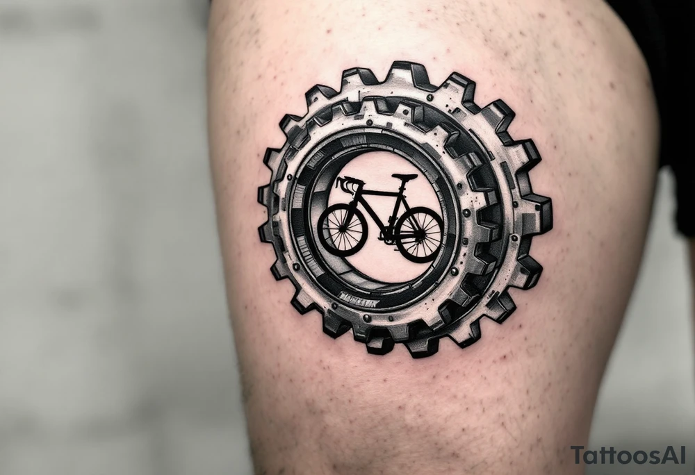 A mechanical gear system with a hidden bicycle silhouette inside, using black and gunmetal gray for a sleek industrial aesthetic. tattoo idea