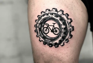 A mechanical gear system with a hidden bicycle silhouette inside, using black and gunmetal gray for a sleek industrial aesthetic. tattoo idea