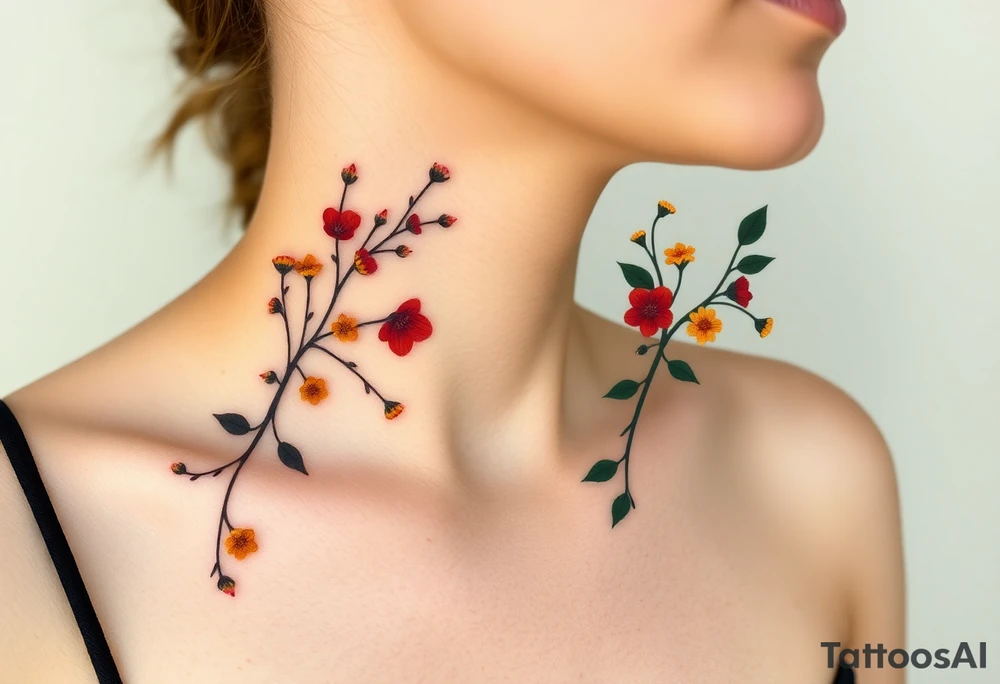 Two separate collarbone tattoos of long, stems and branches covered with red, orange, yellow and dark forest green leaves and flowers, academia, witchy, muted, delicate and gentle but moody, long and thin, following the collarbone. More muted, not so bright, darker colors. Fewer amount of leaves, larger leaves. Less flowers and leaves. tattoo idea