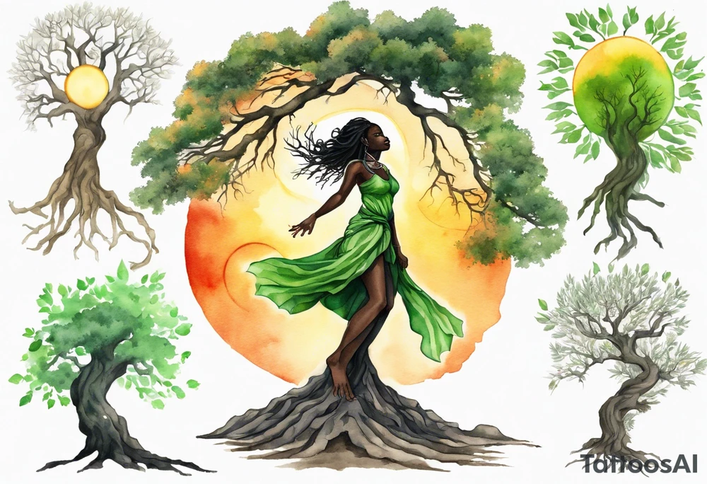 A solitary tree woman with dark skin with green eyes with feet planted in the dirt and branch arms reaching up towards the blazing sun above her tattoo idea