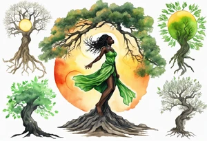 A solitary tree woman with dark skin with green eyes with feet planted in the dirt and branch arms reaching up towards the blazing sun above her tattoo idea