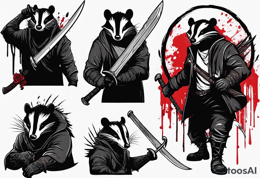 Draw me psychopath Badger/Warrior with aggressive full body, killer face with a scary smile, very long nails and he attacks like a Bloody Assassin to us and also, he has very deadly looking. He fights with his nails. Everybody scares after their first sight. Give me horror type Badger Tattoo. I want to see his Realistic full body. tattoo idea