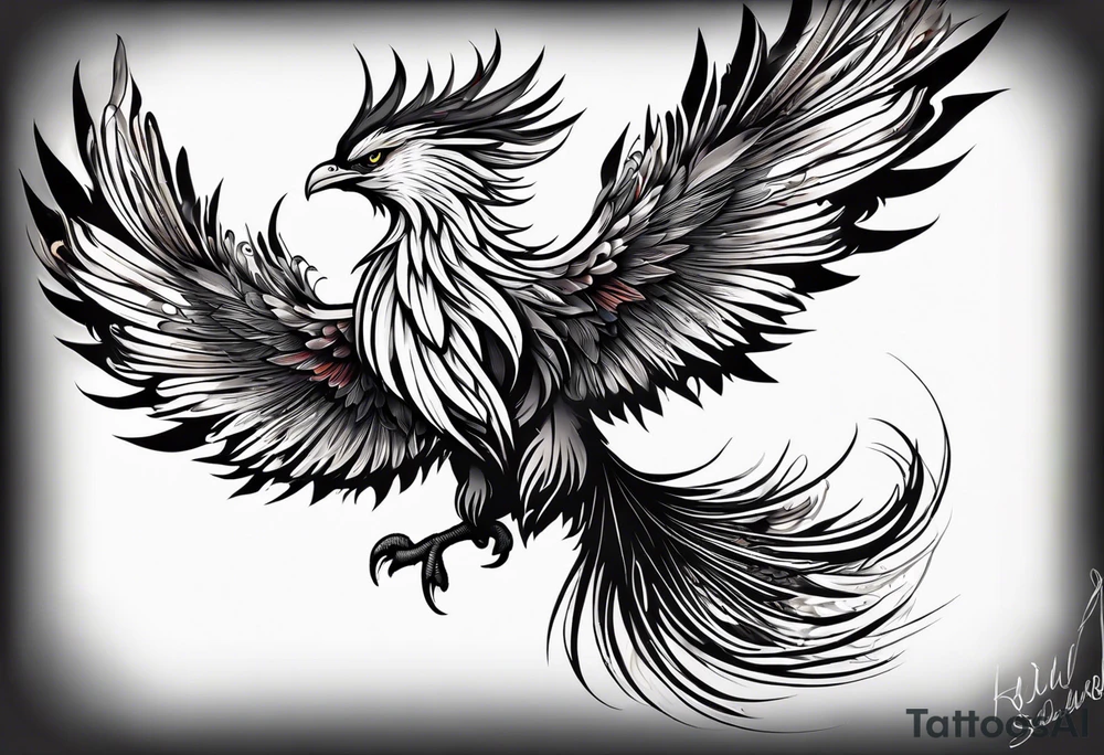 Tattoo: A powerful, majestic phoenix, depicted mid-flight or rising, with wings extended and feathers flowing. Deep shading and intricate details to bring out the texture and motion of the feathers. tattoo idea