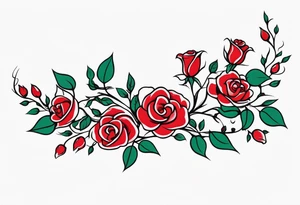 sleeve tattoo a long vine with many small roses. Most roses are in closed bud. some larger open bud. tattoo idea
