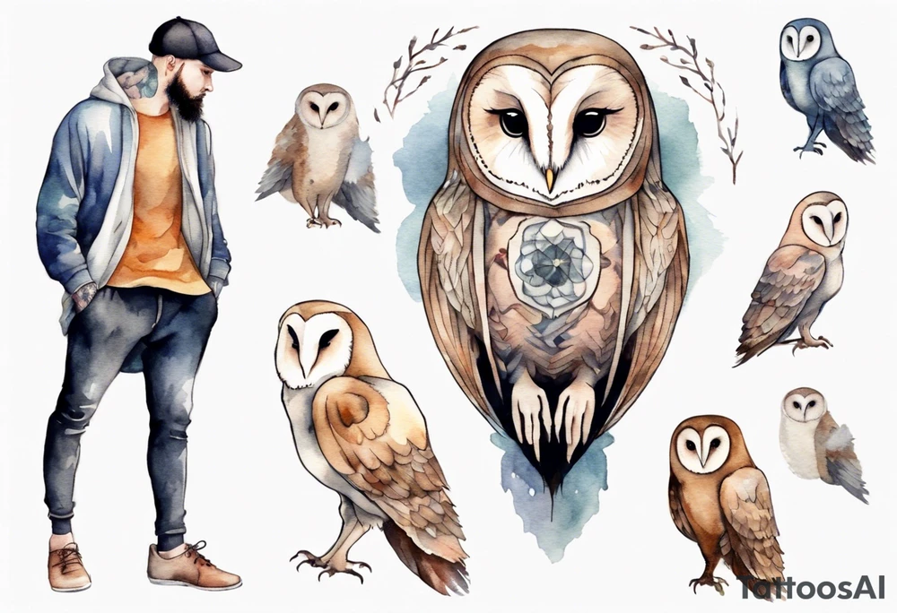 a skinny man with long legs and the head of a barn owl wearing wool leggings and poulaines tattoo idea