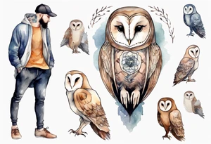 a skinny man with long legs and the head of a barn owl wearing wool leggings and poulaines tattoo idea