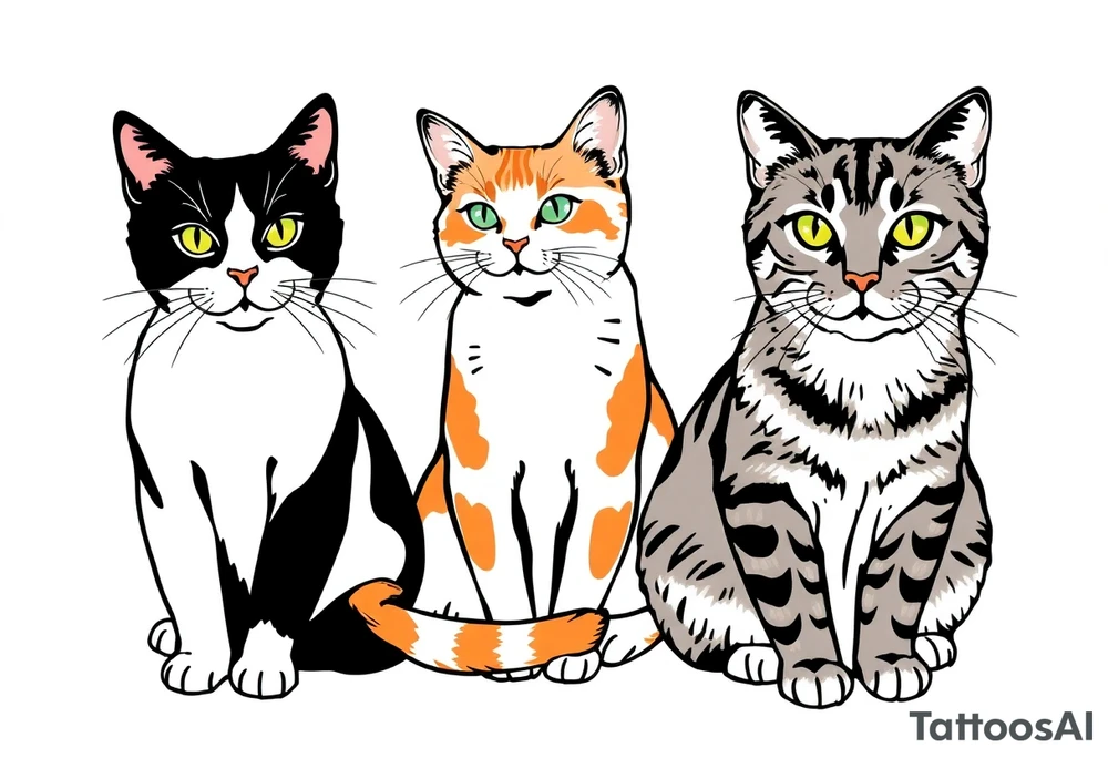 three cats, one black and white cat, one orange and white cat and one grey tabby cat tattoo idea