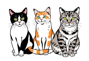 three cats, one black and white cat, one orange and white cat and one grey tabby cat tattoo idea