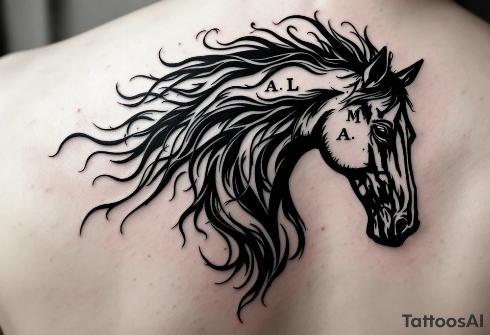 horse silhouette 
from the front which gallops towards us, with the 3 small letters discreetly integrated: M, A, L tattoo idea