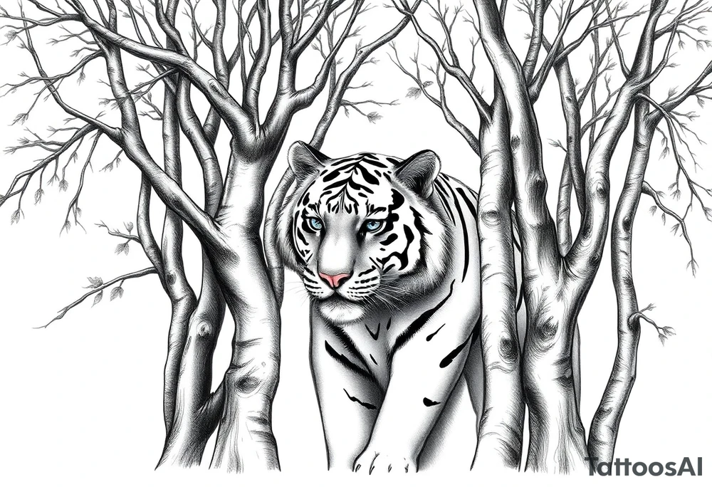 In front of the intertwined trees, looming inside the woods was a tiger that was very hard to see. tattoo idea