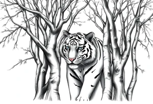 In front of the intertwined trees, looming inside the woods was a tiger that was very hard to see. tattoo idea